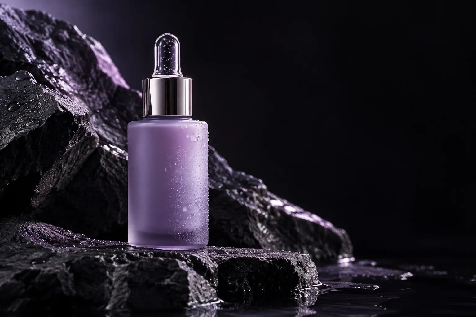 AI-generated campaign concept: lavender serum bottle on charcoal stone