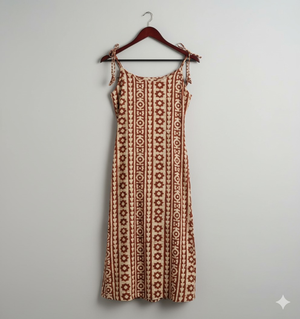 Clean product photography of brown patterned dress on hanger against neutral background